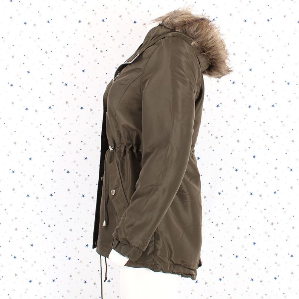 Olive Faux Fur Hooded Sherpa Lined Jacket - Picture 7 of 11